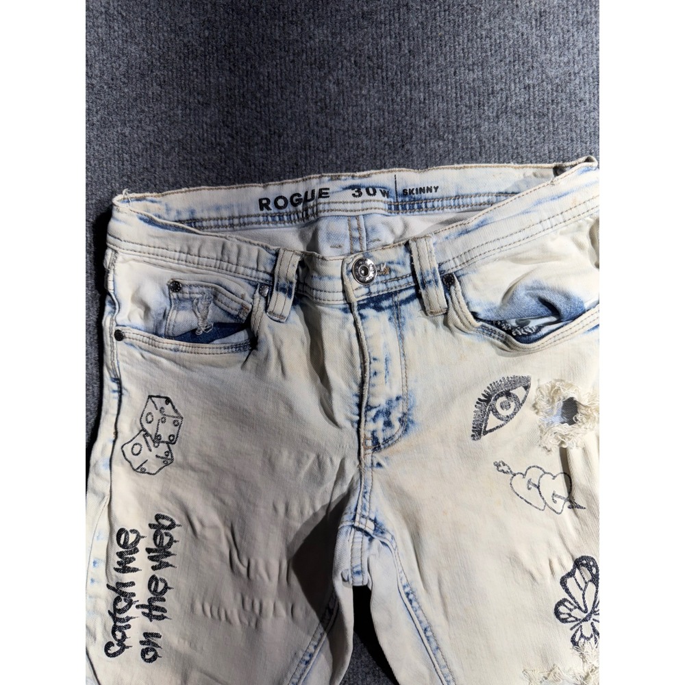Rogue Mens‎ 30W Skinny Jeans Light Acid Wash Tattoo Graphic Distressed Punk Rock - Picture 2 of 8